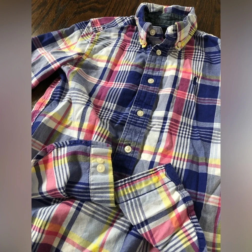 Ralph Lauren Boys 4/4T Blue/Pink/Yellow/White Plaid Cotton Button-Down Shirt